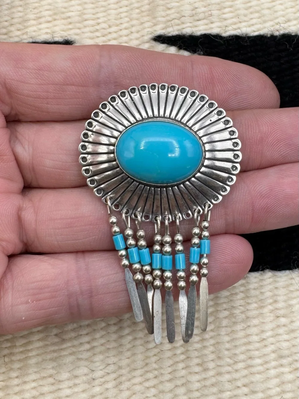 Quoc QT Southwestern Sterling Silver Faux Blue Turquoise Dangle Pendant Pin